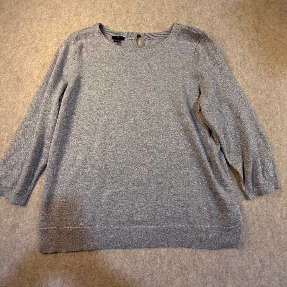 Talbots Petites Silver Metallic Shimmer Knit Sweater Keyhole Back‎ XLP Holiday